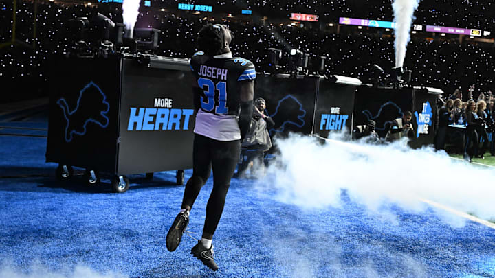 Jan 5, 2025; Detroit, Michigan, USA; Detroit Lions safety Kerby Joseph (31) takes the field during payer introductions before their game against the Minnesota Vikings at Ford Field. Mandatory Credit: Lon Horwedel-Imagn Images Jan 5, 2025; Detroit, Michigan, USA; Detroit Lions safety Kerby Joseph (31) takes the field during payer introductions before their game against the Minnesota Vikings at Ford Field. Mandatory Credit: Lon Horwedel-Imagn Images