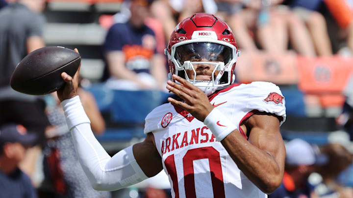 Sep 21, 2024; Auburn, Alabama, USA;  Arkansas Razorbacks quarterback Taylen Green (10) warms up before a game against the Auburn Tigers at Jordan-Hare Stadium. Mandatory Credit: John Reed-Imagn Images