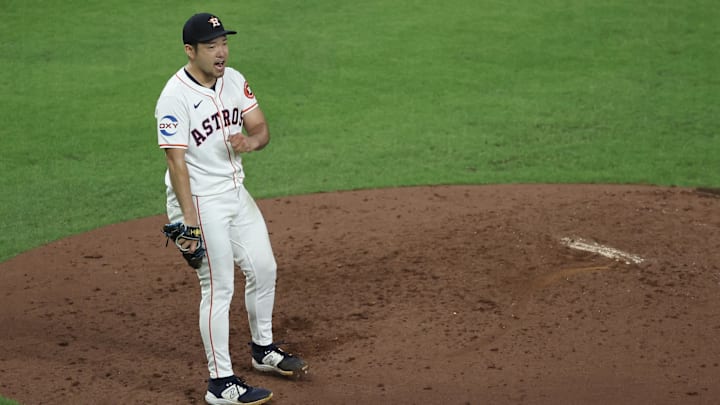 Sep 19, 2024; Houston, Texas, USA; Houston Astros starting pitcher Yusei Kikuchi (16) reacts after striking out the Los Angeles Angels to end the fifth inning with the Angels leaving a man on base at Minute Maid Park.