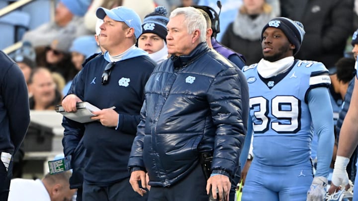 Nov 30, 2024; Chapel Hill, North Carolina, USA; North Carolina Tar Heels head coach Mack Brown on the sidelines in the second quarter at Kenan Memorial Stadium. Mandatory Credit: Bob Donnan-Imagn Images
