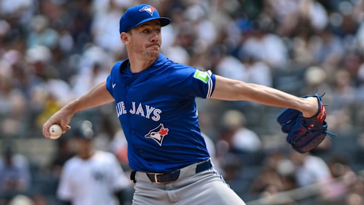 Sep 6, 2025; Bronx, New York, USA; Toronto Blue Jays pitcher Chris Bassitt (40) pitches against the New York Yankees during the first inning at Yankee Stadium. Mandatory Credit: John Jones-Imagn Images