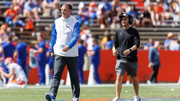 Apr 12, 2025; Gainesville, FL, USA; Florida Gators head coach Billy Napier walks on the field during the second half at Ben Hill Griffin Stadium. Mandatory Credit: Matt Pendleton-Imagn Images