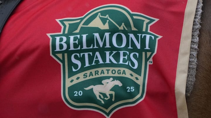Jun 7, 2025; Saratoga, NY, USA; A general view of the Belmont Stakes at Saratoga logo at Saratoga Race Course. Mandatory Credit: Gregory Fisher-Imagn Images