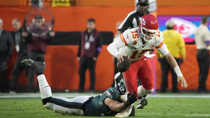 Kansas City Chiefs quarterback Patrick Mahomes (15) is tackled by Philadelphia Eagles linebacker T.J. Edwards (57) during the second quarter in Super Bowl LVII at State Farm Stadium in Glendale on Feb. 12, 2023.
