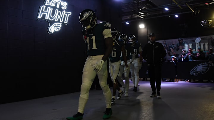 Jan 12, 2025; Philadelphia, Pennsylvania, USA; Philadelphia Eagles wide receiver A.J. Brown (11) walks to the field before the NFC wild card game against the Green Bay Packers at Lincoln Financial Field. Mandatory Credit: Eric Hartline-Imagn Images