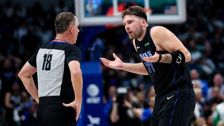 Dec 6, 2023; Dallas, Texas, USA; Dallas Mavericks guard Luka Doncic (77) argues with referee Matt