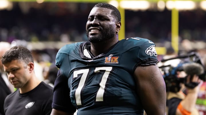 Philadelphia Eagles offensive tackle Mekhi Becton against the Kansas City Chiefs during Super Bowl LIX at Ceasars Superdome. 