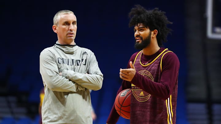 Mar 21, 2019; Tulsa, OK, USA; Arizona State Sun Devils head coach Bobby Hurley (left) with guard Remy Martin during practice before the first round of the 2019 NCAA Tournament at BOK Center. Mandatory Credit: Mark J. Rebilas-Imagn Images