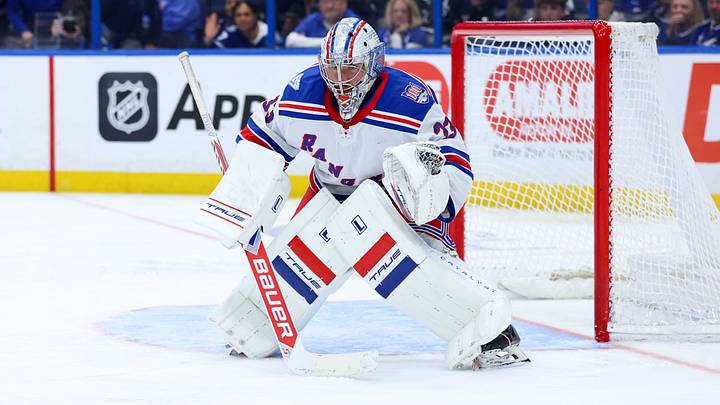 Apr 15, 2026; Tampa, Florida, USA; New York Rangers goaltender Dylan Garand (33) looks on against the Tampa Bay Lightning in the third period at Benchmark International Arena. Mandatory Credit: Nathan Ray Seebeck-Imagn Images