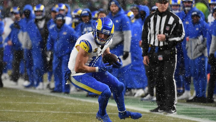 Jan 19, 2025; Philadelphia, Pennsylvania, USA; Los Angeles Rams wide receiver Cooper Kupp (10) catches a pass against the Philadelphia Eagles in the first half in a 2025 NFC divisional round game at Lincoln Financial Field. Mandatory Credit: Eric Hartline-Imagn Images