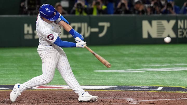 Mar 16, 2025; Bunkyo, Tokyo, Japan; Chicago Cubs third baseman Matt Shaw (6) hits an RBI single against the Yomiuri Giants during the fifth inning at Tokyo Dome. Mar 16, 2025; Bunkyo, Tokyo, Japan; Chicago Cubs third baseman Matt Shaw (6) hits an RBI single against the Yomiuri Giants during the fifth inning at Tokyo Dome.