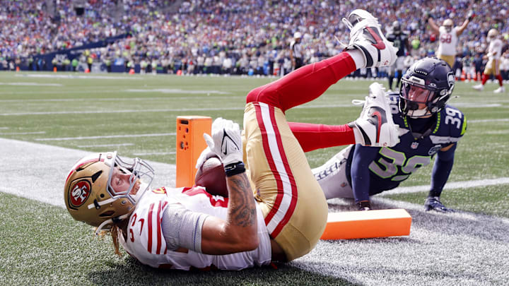 Sep 7, 2025; Seattle, Washington, USA; San Francisco 49ers tight end George Kittle (85) celebrates after scoring a touchdown during the first half against the Seattle Seahawks during the first quarter at Lumen Field. Mandatory Credit: Joe Nicholson-Imagn Images Sep 7, 2025; Seattle, Washington, USA; San Francisco 49ers tight end George Kittle (85) celebrates after scoring a touchdown during the first half against the Seattle Seahawks during the first quarter at Lumen Field. Mandatory Credit: Joe Nicholson-Imagn Images