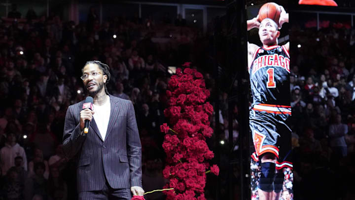 Jan 4, 2025; Chicago, Illinois, USA; Chicago Bulls and New York Knicks former player Derrick Rose speaks as he is honored at halftime of a game between the Chicago Bulls and the New York Knicks at United Center. Mandatory Credit: David Banks-Imagn Images