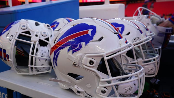 Jan 26, 2025; Kansas City, MO, USA; A detailed view of the Buffalo Bills helmet before the AFC Championship game against the Kansas City Chiefs at GEHA Field at Arrowhead Stadium. Mandatory Credit: Denny Medley-Imagn Images