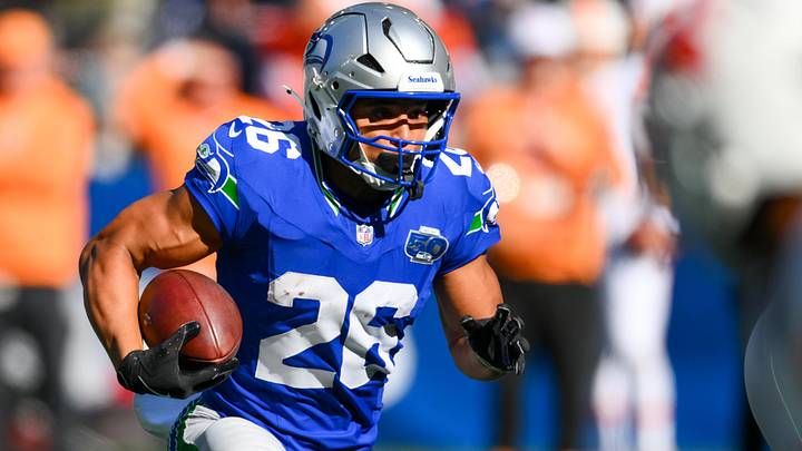 Seattle Seahawks running back Zach Charbonnet carries the ball for a touchdown against the Tampa Bay Buccaneers.