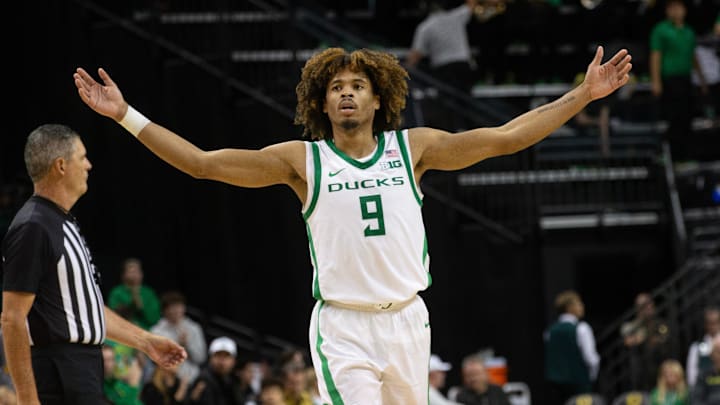Oregon's Keeshawn Barthelemy celebrates a play against UC Riverside at Matthew Knight Arena in Eugene.