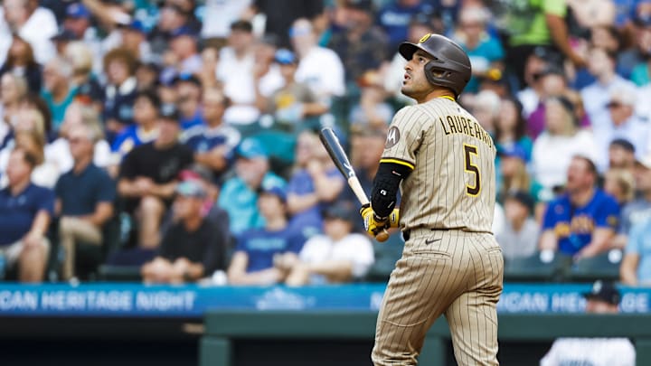 Aug 26, 2025; Seattle, Washington, USA; San Diego Padres center fielder Ramón Laureano (5) hits a grand-slam home run against the Seattle Mariners during the first inning at T-Mobile Park. Mandatory Credit: Joe Nicholson-Imagn Images Aug 26, 2025; Seattle, Washington, USA; San Diego Padres center fielder Ramón Laureano (5) hits a grand-slam home run against the Seattle Mariners during the first inning at T-Mobile Park. Mandatory Credit: Joe Nicholson-Imagn Images