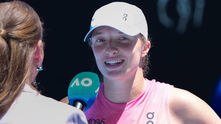 Iga Swiatek speaks in an on-court interview after a match at the 2025 Australian Open. Iga Swiatek speaks in an on-court interview after a match at the 2025 Australian Open.