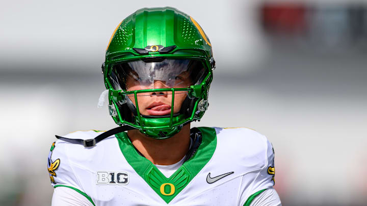 Sep 14, 2024; Corvallis, Oregon, USA; Oregon Ducks quarterback Dillon Gabriel (8) warms up prior to the game against the Oregon State Beavers at Reser Stadium. Mandatory Credit: Craig Strobeck-Imagn Images
