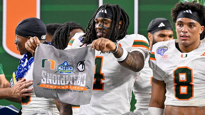 Dec 31, 2025; Arlington, TX, USA; Miami Hurricanes running back Mark Fletcher Jr. (4) celebrates after the 2025 Cotton Bowl and quarterfinal game of the College Football Playoff at AT&T Stadium. Mandatory Credit: Jerome Miron-Imagn Images