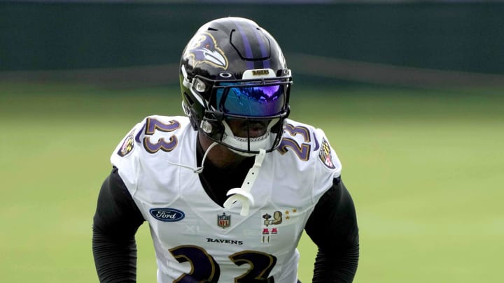 Jul 29, 2022; Owings Mills, MD, USA; Baltimore Ravens safety Tony Jefferson (23) practices drills at the Under Armour Performance Center. Mandatory Credit: Mitch Stringer-USA TODAY Sports Jul 29, 2022; Owings Mills, MD, USA; Baltimore Ravens safety Tony Jefferson (23) practices drills at the Under Armour Performance Center. Mandatory Credit: Mitch Stringer-USA TODAY Sports