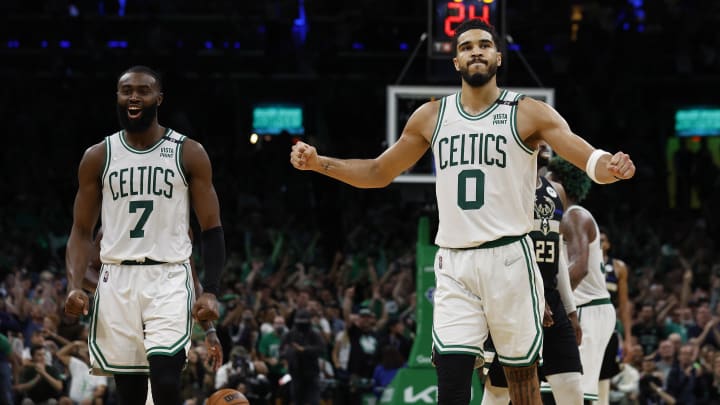 May 15, 2022; Boston, Massachusetts, USA; Boston Celtics guard Jaylen Brown (7) and forward Jayson Tatum (0) celebrate during the second half of their win over the Milwaukee Bucks in game seven of the second round of the 2022 NBA playoffs at TD Garden. Mandatory Credit: Winslow Townson-USA TODAY Sports May 15, 2022; Boston, Massachusetts, USA; Boston Celtics guard Jaylen Brown (7) and forward Jayson Tatum (0) celebrate during the second half of their win over the Milwaukee Bucks in game seven of the second round of the 2022 NBA playoffs at TD Garden. Mandatory Credit: Winslow Townson-USA TODAY Sports