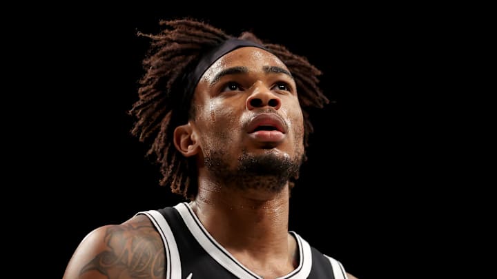 Mar 28, 2025; Brooklyn, New York, USA; Brooklyn Nets center Nic Claxton (33) reacts during the first quarter against the Los Angeles Clippers at Barclays Center. Mandatory Credit: Brad Penner-Imagn Images