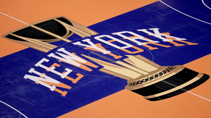 Nov 24, 2023; New York, New York, USA; General view of the in-season tournament court logo during warmups before a game between the New York Knicks and the Miami Heat at Madison Square Garden. Nov 24, 2023; New York, New York, USA; General view of the in-season tournament court logo during warmups before a game between the New York Knicks and the Miami Heat at Madison Square Garden.