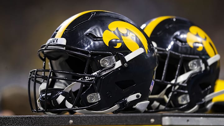 Dec 4, 2021; Indianapolis, IN, USA; Detailed view of Iowa Hawkeyes helmet on the sidelines in the Big Ten Conference championship game at Lucas Oil Stadium.
