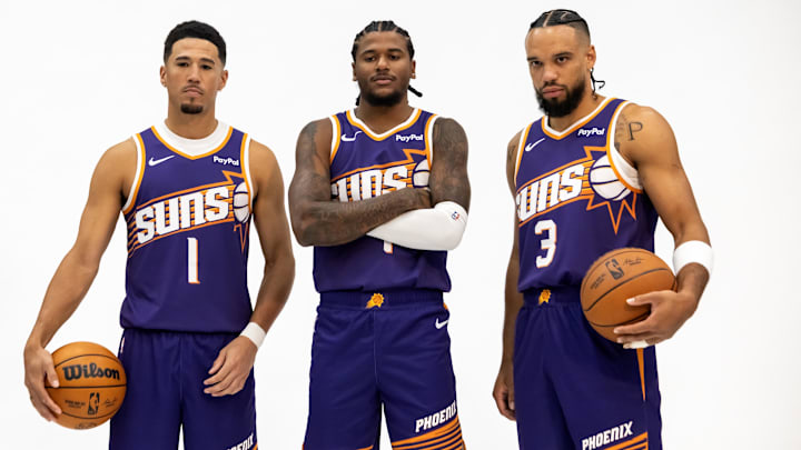 Sep 24, 2025; Phoenix, AZ, USA; Phoenix Suns guard Devin Booker (1), forward Dillon Brooks (3) and guard Jalen Green (4) pose for portrait during Media Day at PHX Arena. Mandatory Credit: Mark J. Rebilas-Imagn Images Sep 24, 2025; Phoenix, AZ, USA; Phoenix Suns guard Devin Booker (1), forward Dillon Brooks (3) and guard Jalen Green (4) pose for portrait during Media Day at PHX Arena. Mandatory Credit: Mark J. Rebilas-Imagn Images