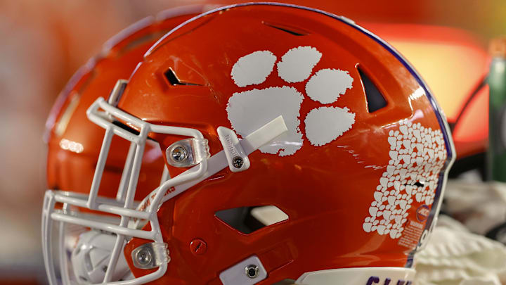 Oct 8, 2022; Chestnut Hill, Massachusetts, USA; The logo of the Clemson Tigers is seen on a football helmet during the second half of the game between the Boston College Eagles and the Clemson Tigers at Alumni Stadium. Mandatory Credit: Winslow Townson-Imagn Images