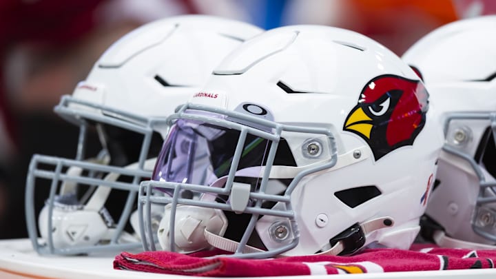 Sep 11, 2022; Glendale, Arizona, USA; Detailed view od Arizona Cardinals helmet at State Farm