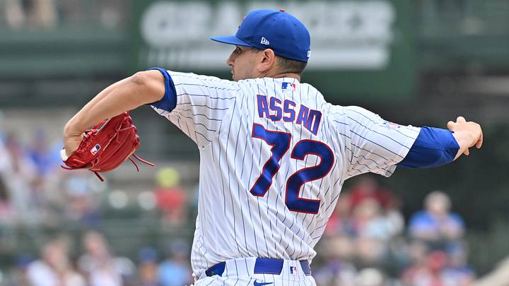 Jul 5, 2026; Chicago, Illinois, USA; Chicago Cubs pitcher Javier Assad (72) pitches against the St. Louis Cardinals during the first inning at Wrigley Field. Mandatory Credit: Patrick Gorski-Imagn Images