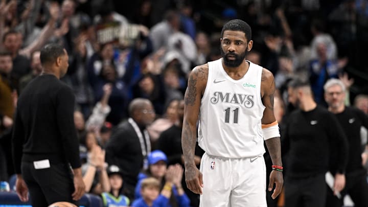 Feb 21, 2025; Dallas, Texas, USA; Dallas Mavericks guard Kyrie Irving (11) looks on after he makes a three point shot against the New Orleans Pelicans during the second half at the American Airlines Center. Mandatory Credit: Jerome Miron-Imagn Images