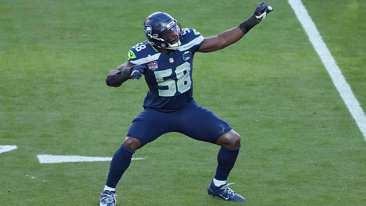 Seattle Seahawks linebacker Derick Hall (58) reacts after a sack against the New England Patriots. Seattle Seahawks linebacker Derick Hall (58) reacts after a sack against the New England Patriots.