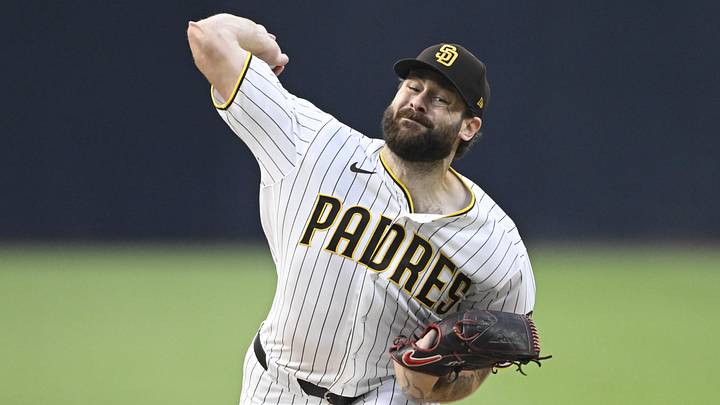 May 23, 2026; San Diego, California, USA; San Diego Padres pitcher Lucas Giolito (55) delivers during the first inning against the Athletics at Petco Park. Mandatory Credit: Denis Poroy-Imagn Images