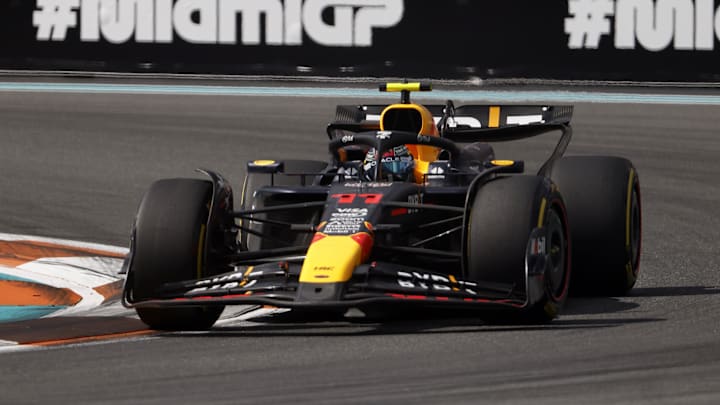 May 5, 2024; Miami Gardens, Florida, USA; Red Bull Racing driver Sergio Perez (11) during the Miami Grand Prix at Miami International Autodrome. Mandatory Credit: Peter Casey-USA TODAY Sports