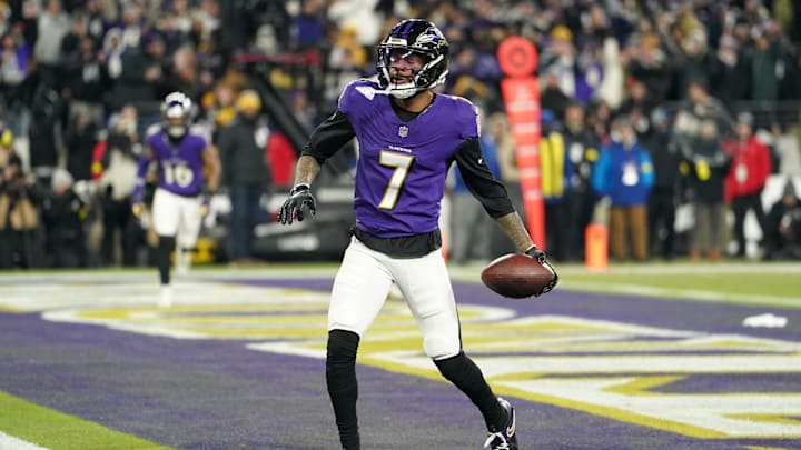 Jan 11, 2025; Baltimore, Maryland, USA; Baltimore Ravens wide receiver Rashod Bateman (7) celebrates after scoring a touchdown against the Pittsburgh Steelers in the first quarter in an AFC wild card game at M&T Bank Stadium. Mandatory Credit: Mitch Stringer-Imagn Images