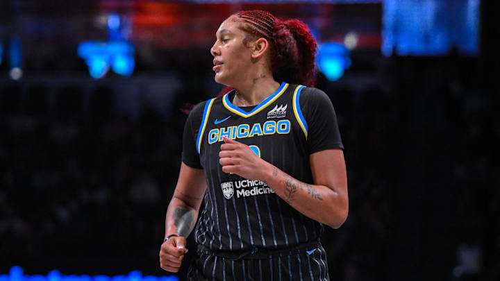 Aug 21, 2025; Brooklyn, New York, USA; Chicago Sky center Kamilla Cardoso (10) reacts after scoring a basket against the New York Liberty during the first half at Barclays Center. Mandatory Credit: John Jones-Imagn Images