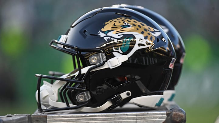 Nov 3, 2024; Philadelphia, Pennsylvania, USA; Jacksonville Jaguars helmets on the sidelines against the Philadelphia Eagles at Lincoln Financial Field. Mandatory Credit: Eric Hartline-Imagn Images