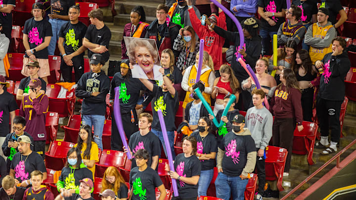 The ASU student section holds pool noodles and a picture of Betty White to distract USC players making free throws at Desert Financial Arena in Tempe, Arizona on Thursday, Feb. 3, 2022.
Asu At Arizona 2022 The ASU student section holds pool noodles and a picture of Betty White to distract USC players making free throws at Desert Financial Arena in Tempe, Arizona on Thursday, Feb. 3, 2022.
Asu At Arizona 2022