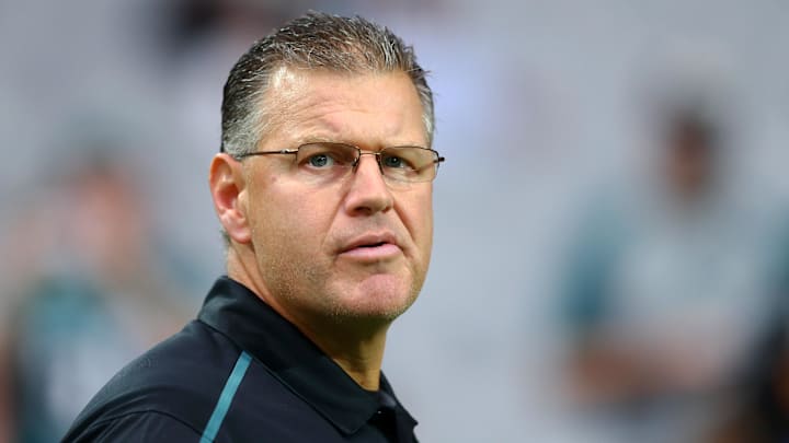 Oct 26, 2014; Glendale, AZ, USA; Philadelphia Eagles offensive line coach Jeff Stoutland against the Arizona Cardinals at University of Phoenix Stadium. The Cardinals defeated the Eagles 24-20. Mandatory Credit: Mark J. Rebilas-Imagn Images
