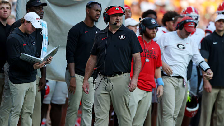 Sep 13, 2025; Knoxville, Tennessee, USA; Georgia Bulldogs head coach Kirby Smart looks on during overtime against the Tennessee Volunteers at Neyland Stadium. Mandatory Credit: Alan Poizner-Imagn Images
