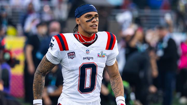 Feb 8, 2026; Santa Clara, CA, USA; New England Patriots cornerback Christian Gonzalez (0) against the Seattle Seahawks during Super Bowl LX at Levi's Stadium. Mandatory Credit: Mark J. Rebilas-Imagn Images