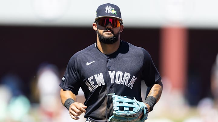 Mar 24, 2026; Mesa, Arizona, USA; New York Yankees outfielder Jasson Dominguez against the Chicago Cubs during spring training at Sloan Park. 