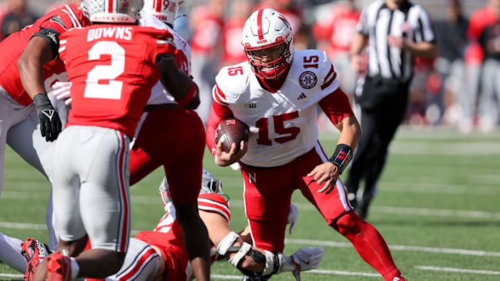 Oct 26, 2024; Columbus, Ohio, USA; Nebraska Cornhuskers quarterback Dylan Raiola (15) runs the ball during the third quarter against the Ohio State Buckeyes at Ohio Stadium. Mandatory Credit: Joseph Maiorana-Imagn Images