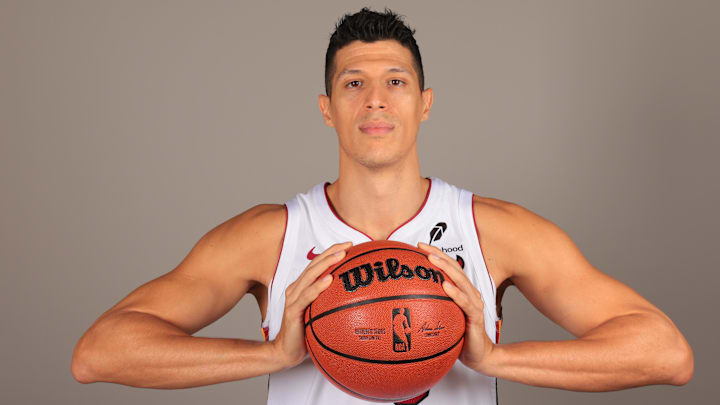 Sep 29, 2025; Miami, FL, USA; Miami Heat forward Simone Fontecchio (0) poses for a photo during media day at Kaseya Center. Mandatory Credit: Sam Navarro-Imagn Images Sep 29, 2025; Miami, FL, USA; Miami Heat forward Simone Fontecchio (0) poses for a photo during media day at Kaseya Center. Mandatory Credit: Sam Navarro-Imagn Images