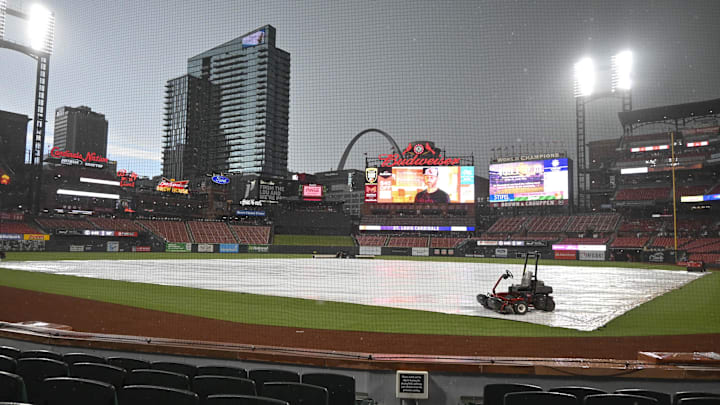 Jun 30, 2023; St. Louis, Missouri, USA; A general view of Busch Stadium during a rain delay prior to the game between the St. Louis Cardinals and the New York Yankees at Busch Stadium. Mandatory Credit: Joe Puetz-Imagn Images