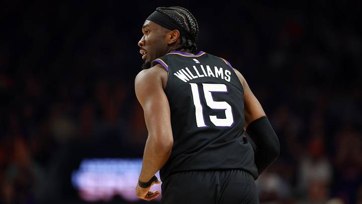Apr 14, 2026; Phoenix, Arizona, USA; Detailed view of the jersey of Phoenix Suns center Mark Williams (15) against the Portland Trail Blazers during the play-in rounds of the 2026 NBA Playoffs at Mortgage Matchup Center. Mandatory Credit: Mark J. Rebilas-Imagn Images
