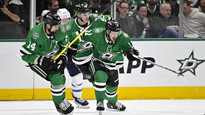 Feb 29, 2024; Dallas, Texas, USA; Dallas Stars left wing Jamie Benn (14) and center Wyatt Johnston
